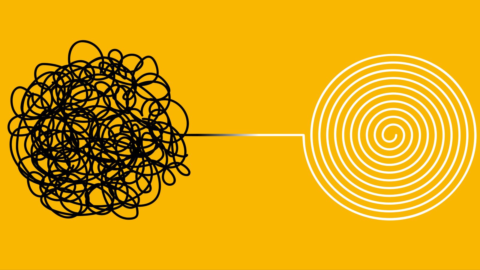 Vor gelbem Grund wird ein unordentliches schwarzes Knäuel auf der linken Seite zu einer ordentlichen Spirale auf der rechten Seite entwirrt. 